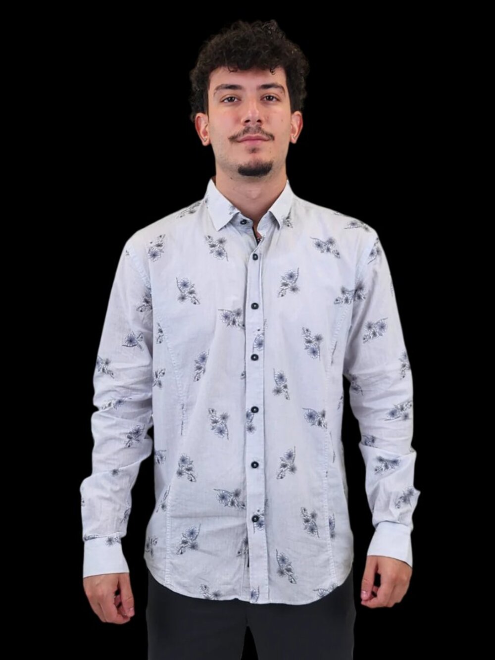 Eight X Light Grey Vertically Striped Floral Print Slim Fit Button Up Shirt